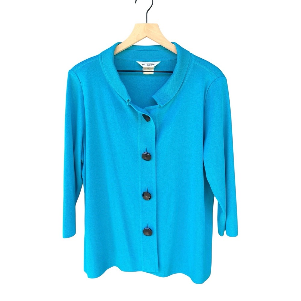 Exclusively Misook Jacket Top Size XL Turquoise Blue Button Up Knit 3/4 Sleeves